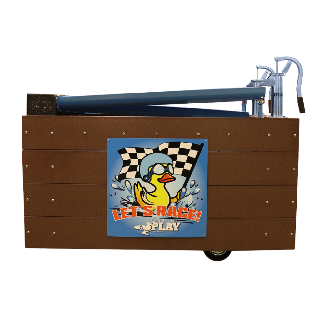 Lil’ Ducky Racing System – A durable, interactive water race game with hand-operated pumps and a structured racing trough, designed for farm attractions and agritourism.